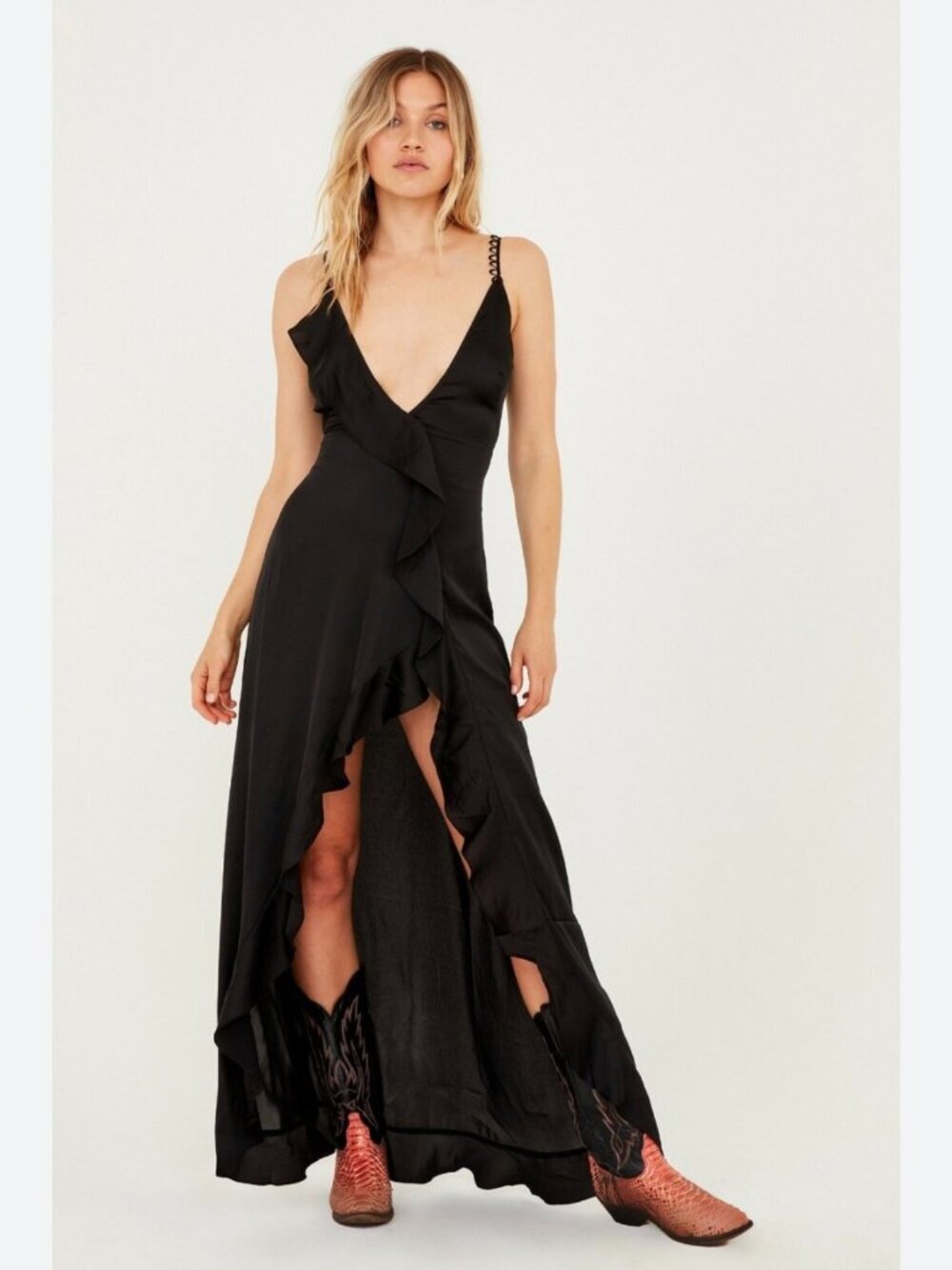 For Love & Lemons Isabella Black Ruffled Maxi Dress Size Small Deep V-Neck H16